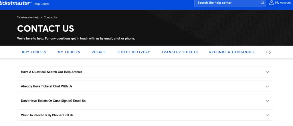 Ticketmaster Support using Website